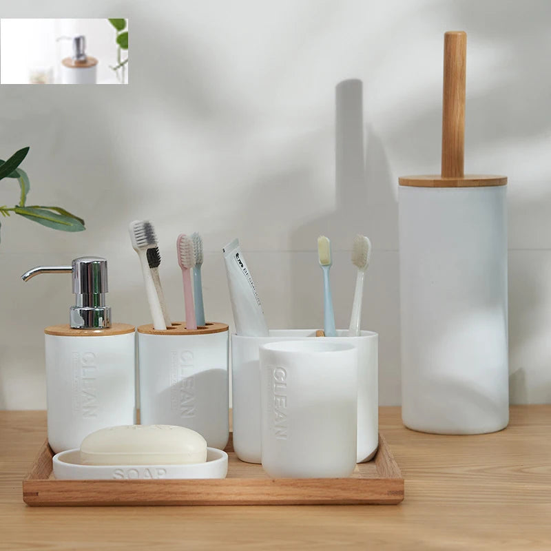 Bathroom Accessories Set Designer Soap Lotion Dispenser Toothbrush Holder Soap Dish Tumbler or wood Bottle Cup Black/White/gray