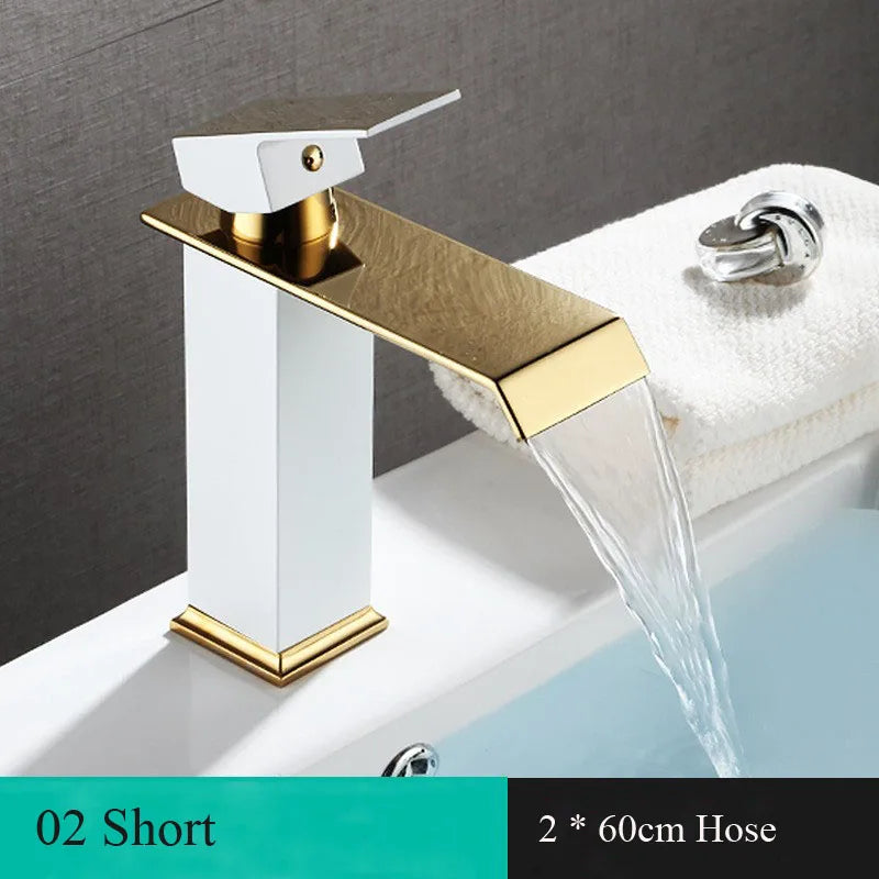 Waterfall Basin Faucet Deck Mounted Bathroom Sink Tap Black Gold Cold and Hot Water Mixer Tap Vanity Vessel Sink Brass Faucets