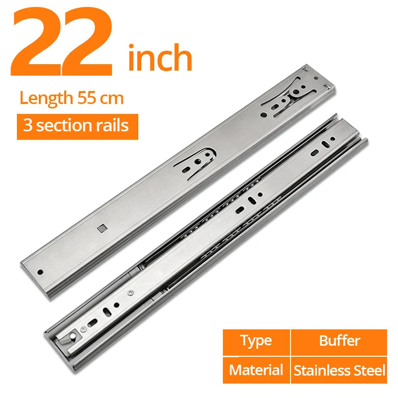 NAIERDI 10"-22" Stainless Steel Cabinet Slides Soft Close Three-Section Drawer Rails Drawer Slides Buffer Damper Rails Hardware
