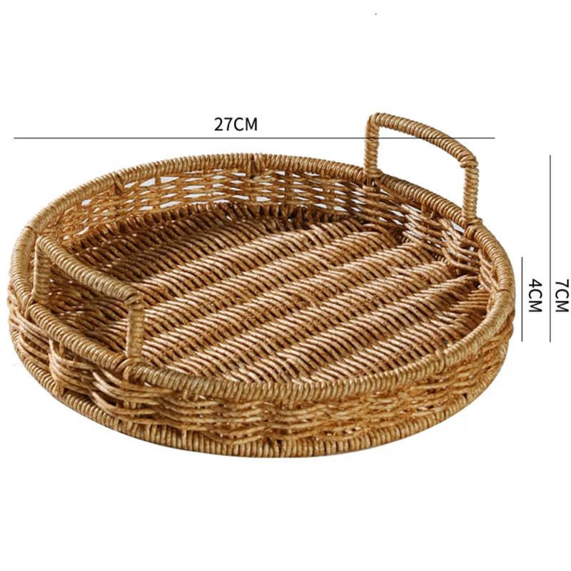 Plastic Storage Tray With Handle Imitation Rattan Weaving Basket Sundries Plate Fruit Platter Tea Tray Dinner Serving Tray