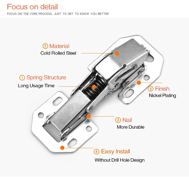 KAK 90 Degree Cabinet Hinges 3 Inch No-Drilling Hole Soft Close  Spring Hinge Cupboard Door Furniture Hardware With Screws