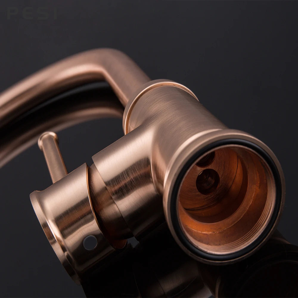 Brushed Rose Gold Kitchen Sink Water Tap Deck Mounted Mixer Stream Sprayer Head Hot Cold Taps 360 Rotation Spout Faucet.