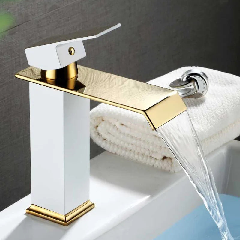 Waterfall Basin Faucet Deck Mounted Bathroom Sink Tap Black Gold Cold and Hot Water Mixer Tap Vanity Vessel Sink Brass Faucets
