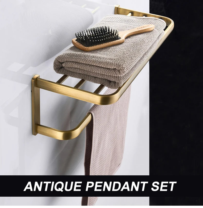 Soild brass antique bathroom accessories set towel bar shelf hook toilet paper rack brush holder mirror banheiro hardware