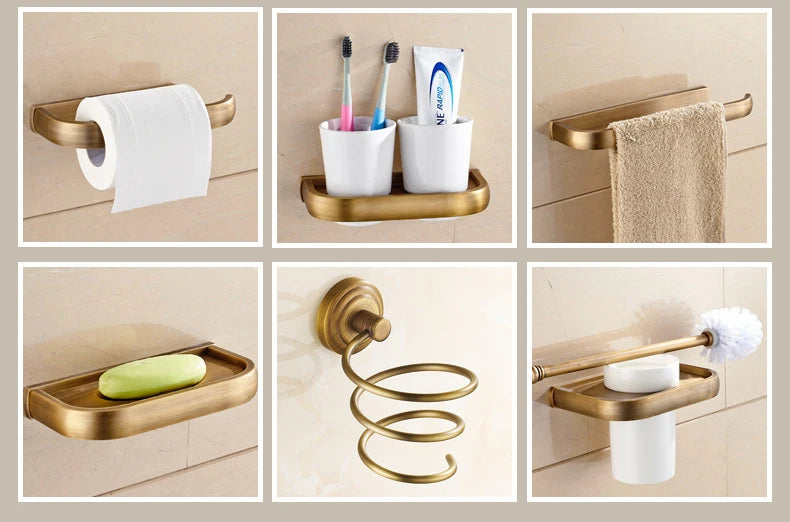 Soild brass antique bathroom accessories set towel bar shelf hook toilet paper rack brush holder mirror banheiro hardware