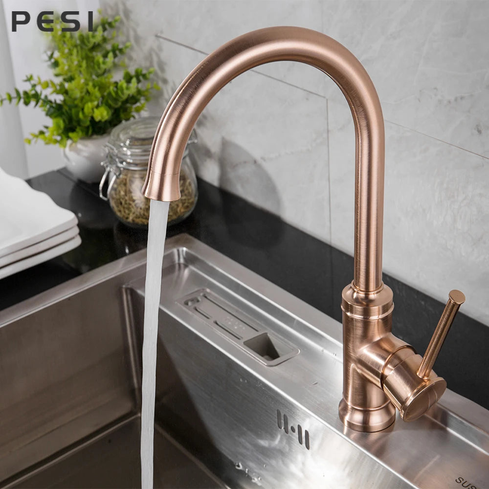 Brushed Rose Gold Kitchen Sink Water Tap Deck Mounted Mixer Stream Sprayer Head Hot Cold Taps 360 Rotation Spout Faucet.