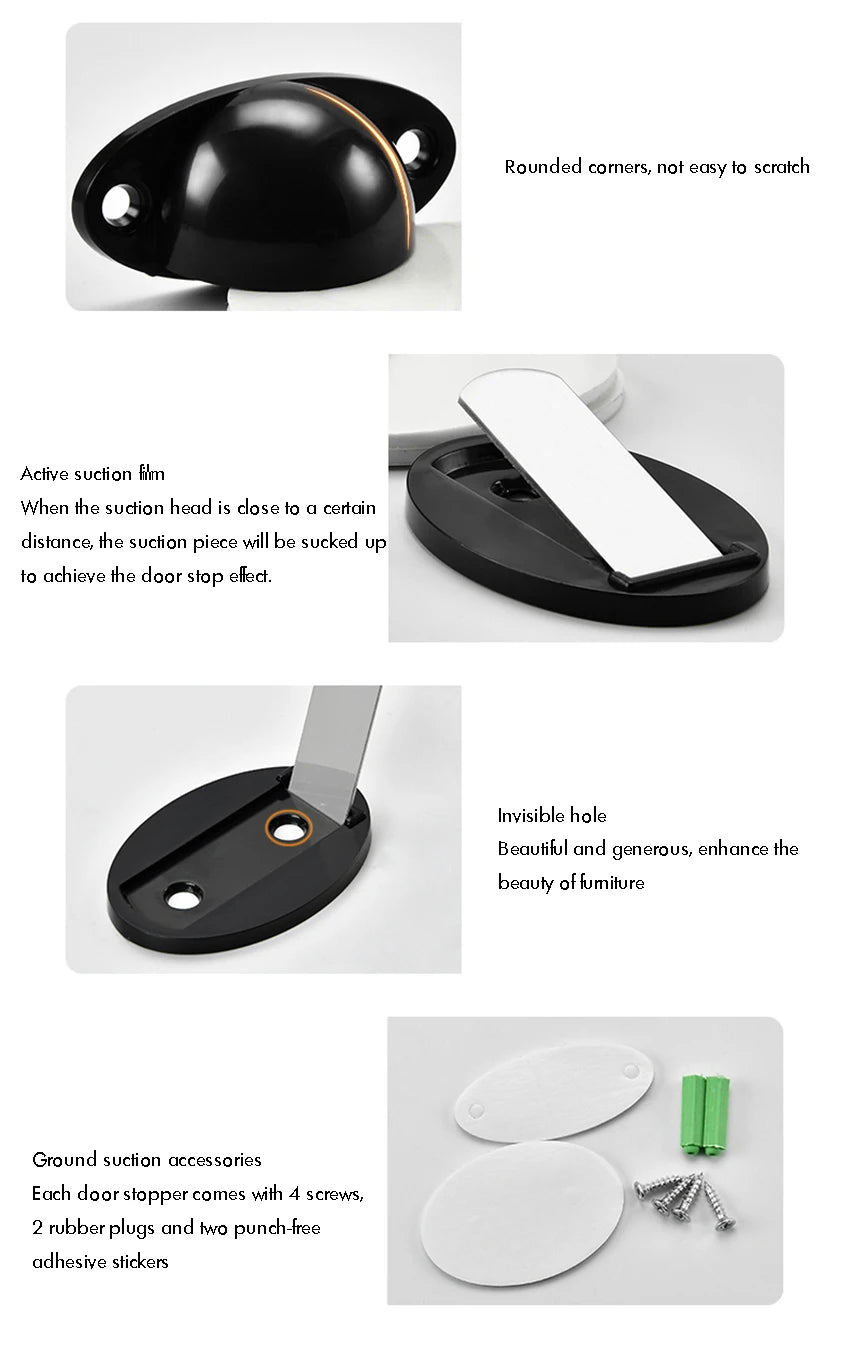 Door Stopper, Magnetic Door Stop White, Black Plastic Door Catch, Self Adhesive & Drilling Door Holder for Bedroom Bathroom