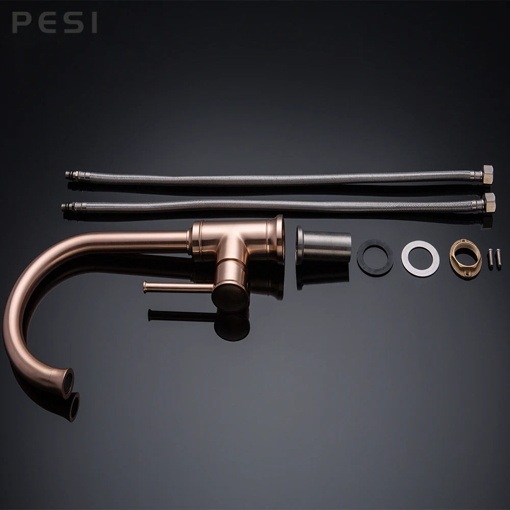 Brushed Rose Gold Kitchen Sink Water Tap Deck Mounted Mixer Stream Sprayer Head Hot Cold Taps 360 Rotation Spout Faucet.