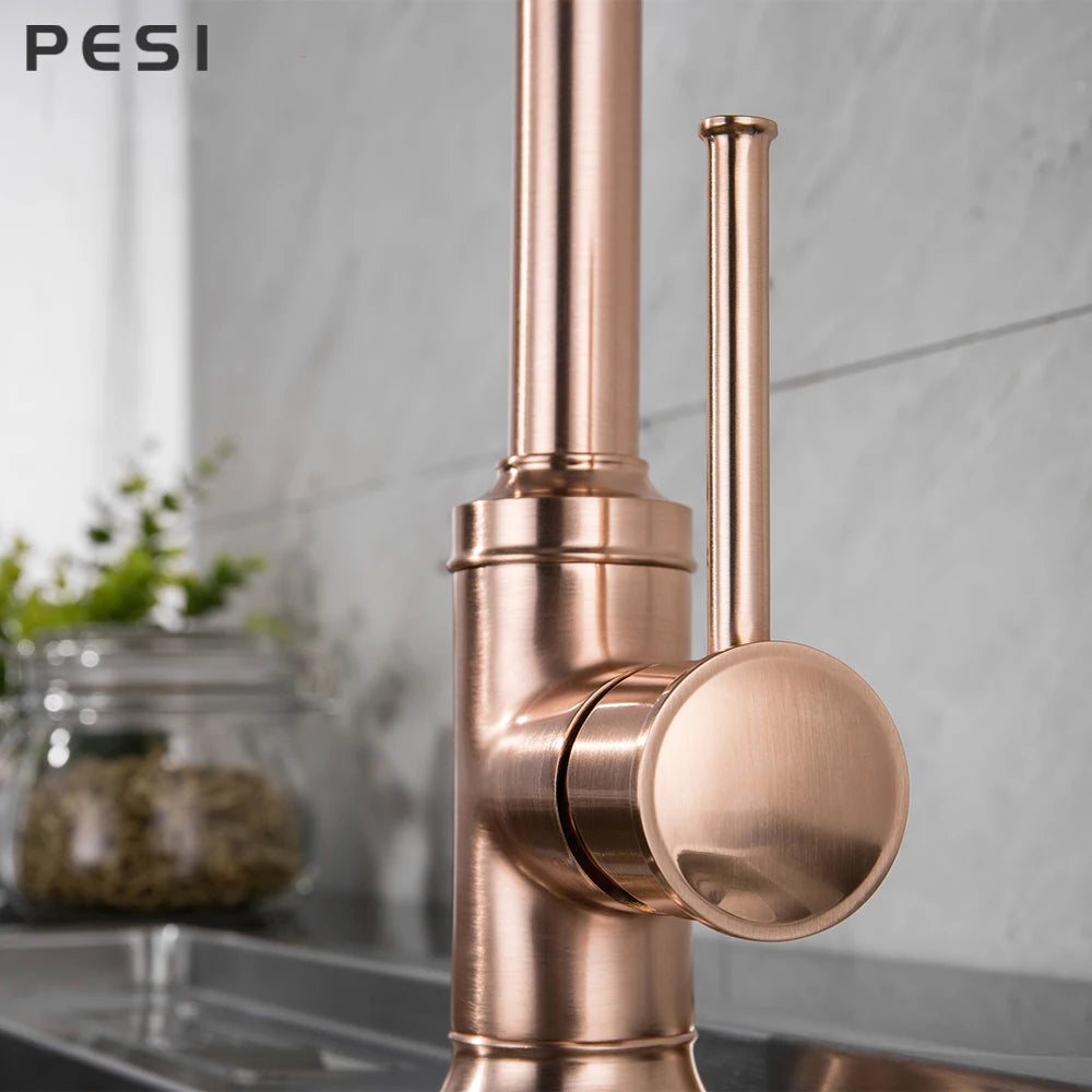 Brushed Rose Gold Kitchen Sink Water Tap Deck Mounted Mixer Stream Sprayer Head Hot Cold Taps 360 Rotation Spout Faucet.