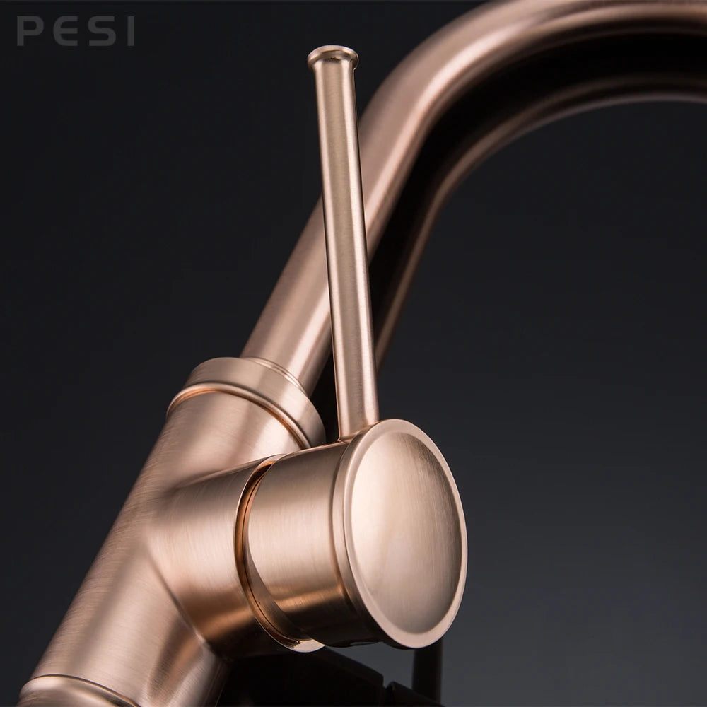 Brushed Rose Gold Kitchen Sink Water Tap Deck Mounted Mixer Stream Sprayer Head Hot Cold Taps 360 Rotation Spout Faucet.