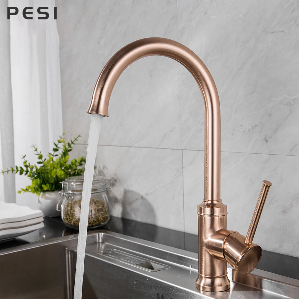 Brushed Rose Gold Kitchen Sink Water Tap Deck Mounted Mixer Stream Sprayer Head Hot Cold Taps 360 Rotation Spout Faucet.