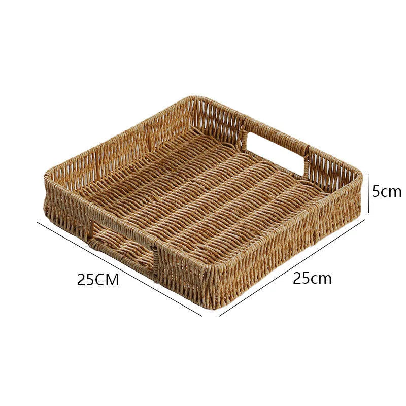 Plastic Storage Tray With Handle Imitation Rattan Weaving Basket Sundries Plate Fruit Platter Tea Tray Dinner Serving Tray