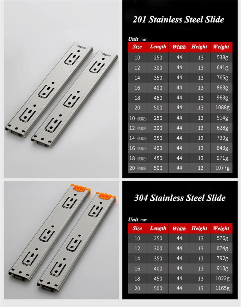 25cm-50cm Stainless Steel Cabinet Slides Soft Close Three-Section Drawer Rails Drawer Slides Buffer Damper Rails Hardware Slide