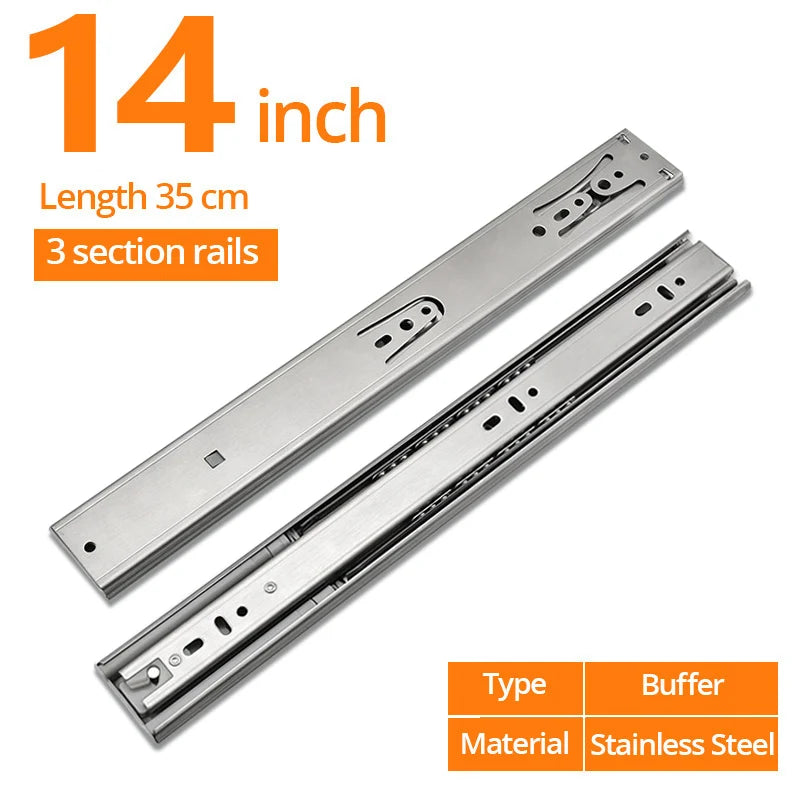 NAIERDI 10"-22" Stainless Steel Cabinet Slides Soft Close Three-Section Drawer Rails Drawer Slides Buffer Damper Rails Hardware