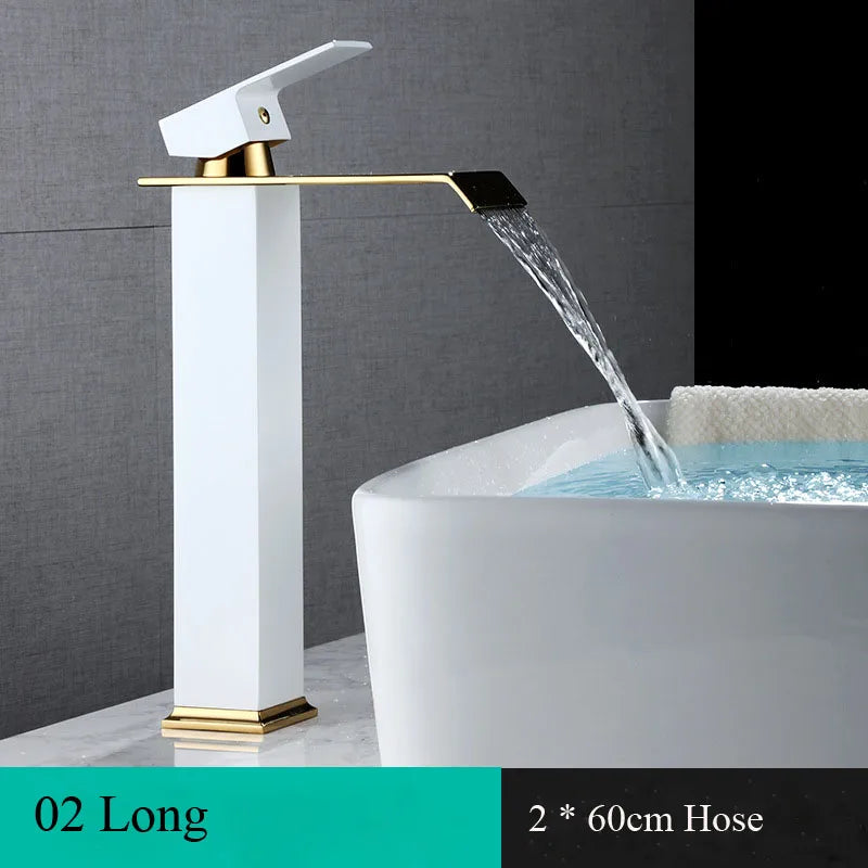 Waterfall Basin Faucet Deck Mounted Bathroom Sink Tap Black Gold Cold and Hot Water Mixer Tap Vanity Vessel Sink Brass Faucets