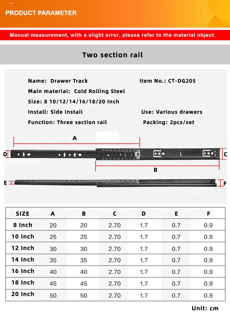Drawer Rail 8~20Inch Cold Rolled Steel Drawer Slides Close Drawer Sliding Track Two-Section Cabinet Slides Furniture Hardware