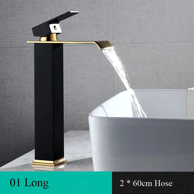 Waterfall Basin Faucet Deck Mounted Bathroom Sink Tap Black Gold Cold and Hot Water Mixer Tap Vanity Vessel Sink Brass Faucets