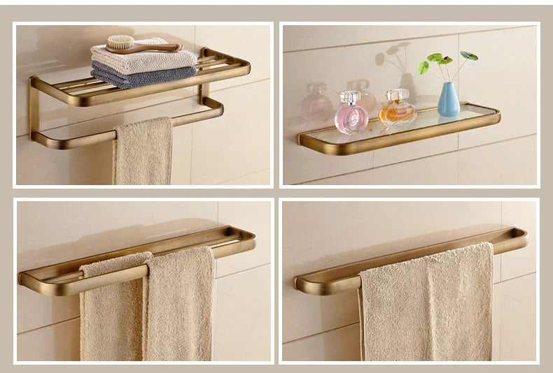 Soild brass antique bathroom accessories set towel bar shelf hook toilet paper rack brush holder mirror banheiro hardware
