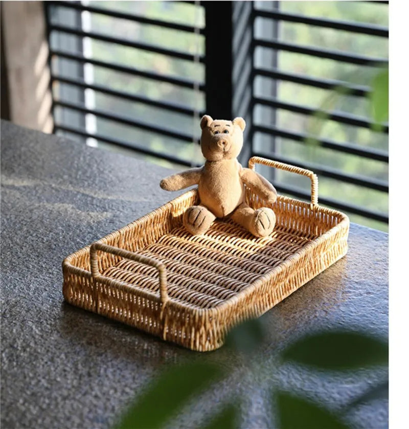 Plastic Storage Tray With Handle Imitation Rattan Weaving Basket Sundries Plate Fruit Platter Tea Tray Dinner Serving Tray