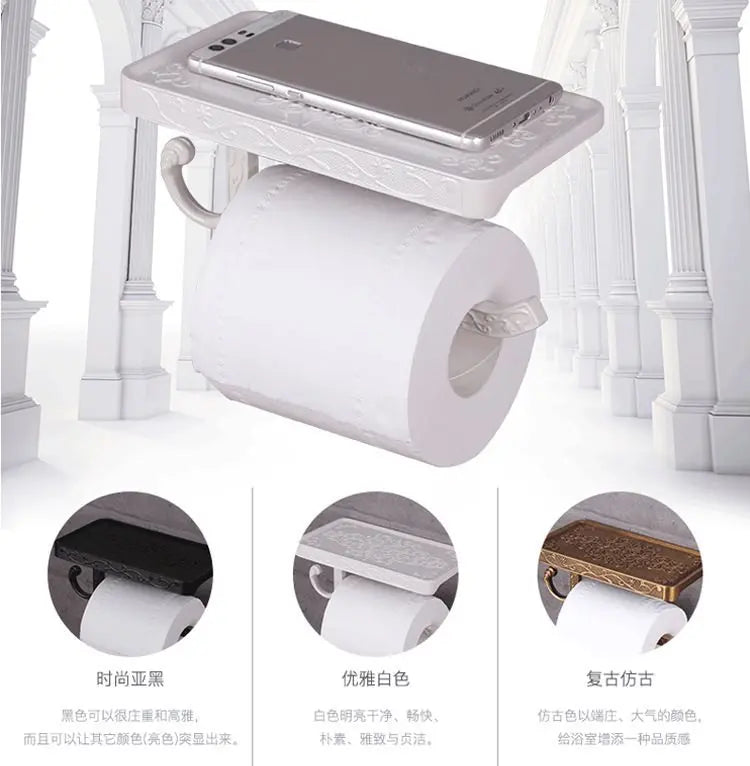 Bathroom Hardware Set  White Paper Mobile Phone Holder Space Aluminum Antique Roll Holder with Shelf Toilet Paper Box Wall Mount