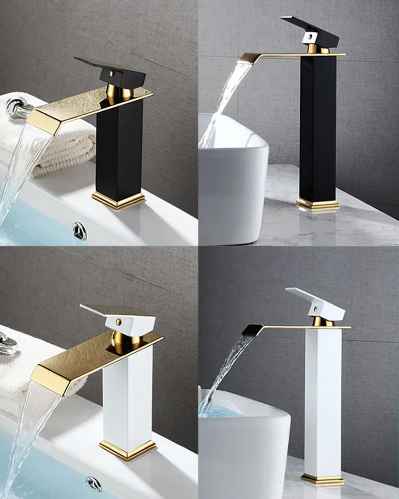 Waterfall Basin Faucet Deck Mounted Bathroom Sink Tap Black Gold Cold and Hot Water Mixer Tap Vanity Vessel Sink Brass Faucets