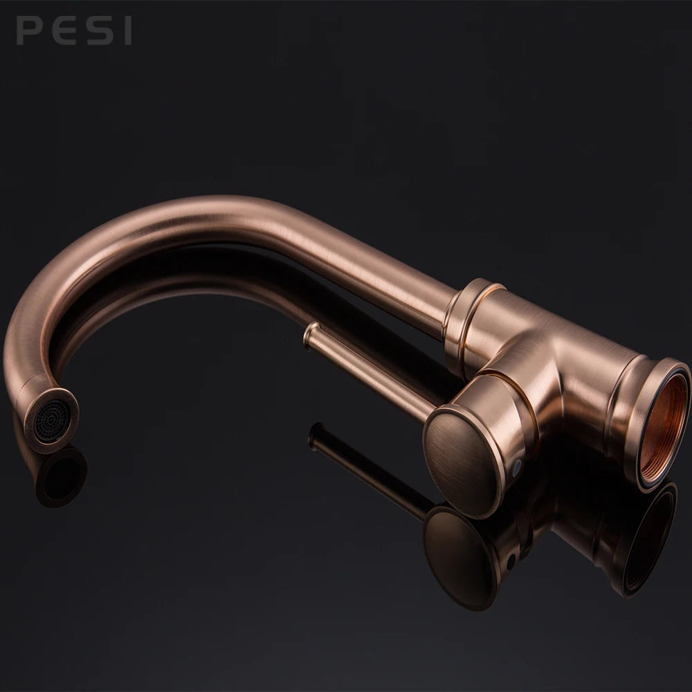 Brushed Rose Gold Kitchen Sink Water Tap Deck Mounted Mixer Stream Sprayer Head Hot Cold Taps 360 Rotation Spout Faucet.