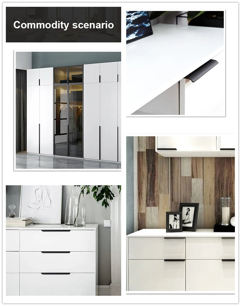 Hidden Furniture Drawer Handles Kitchen Cabinet Door Black Handle Aluminum Alloy Modern Style Finger Edge Wardrobe Pulls
