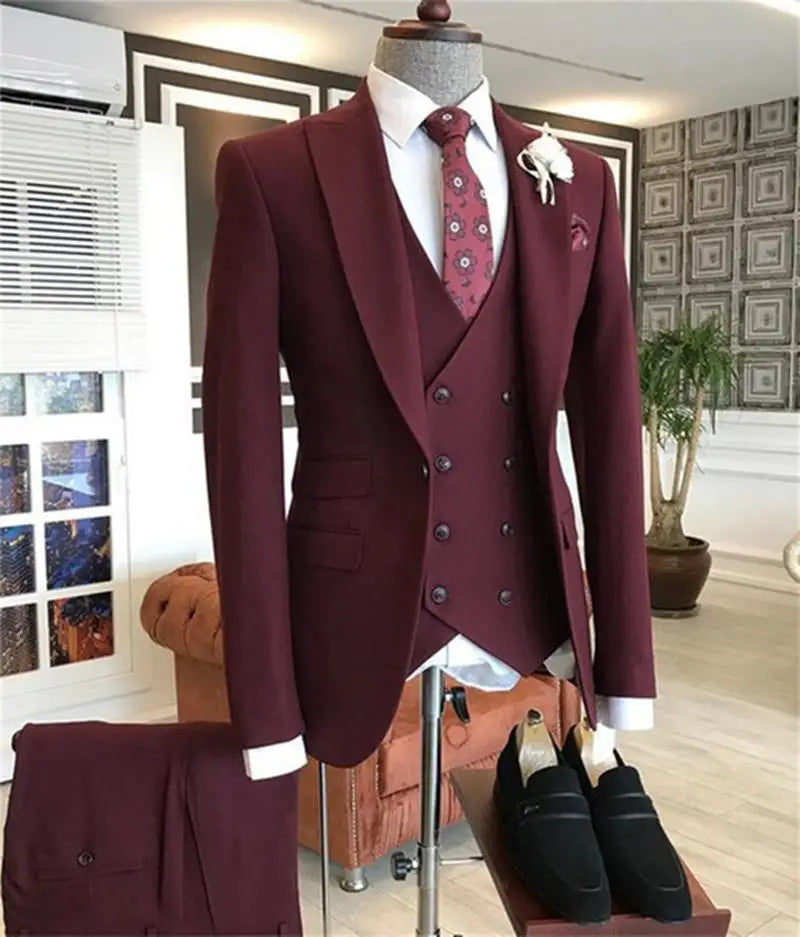 2021 Burgundy Double Breasted Vest Costume Homme Men Suit For Wedding Groom Wear  Prom Best Man Blazer Slim Fit 3 Pieces Terno