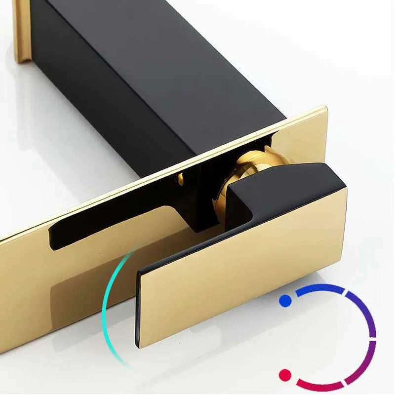 Waterfall Basin Faucet Deck Mounted Bathroom Sink Tap Black Gold Cold and Hot Water Mixer Tap Vanity Vessel Sink Brass Faucets