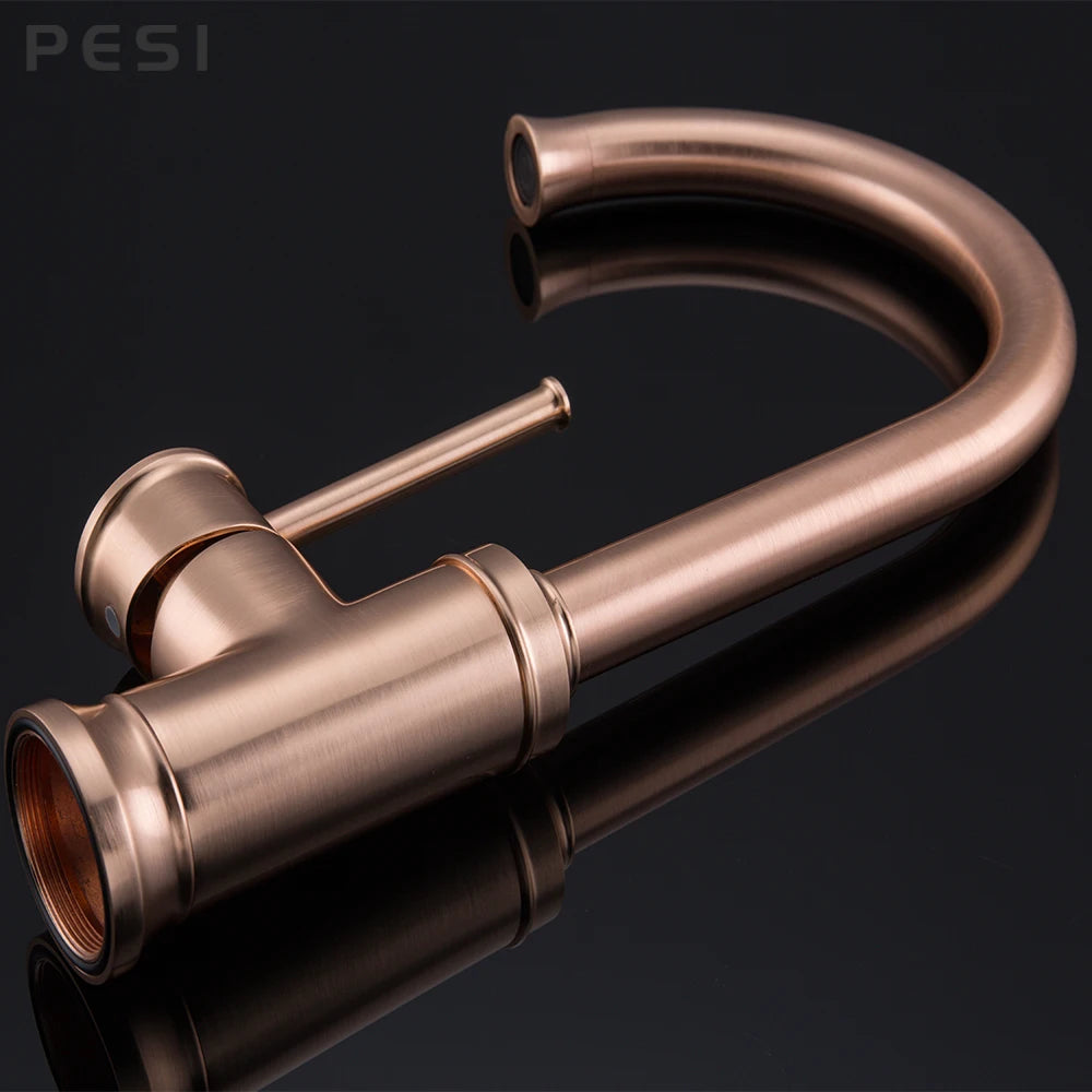 Brushed Rose Gold Kitchen Sink Water Tap Deck Mounted Mixer Stream Sprayer Head Hot Cold Taps 360 Rotation Spout Faucet.