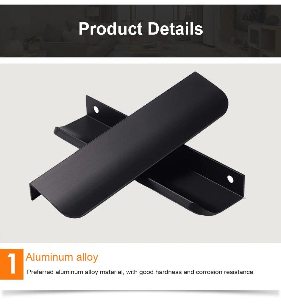 Hidden Furniture Drawer Handles Kitchen Cabinet Door Black Handle Aluminum Alloy Modern Style Finger Edge Wardrobe Pulls