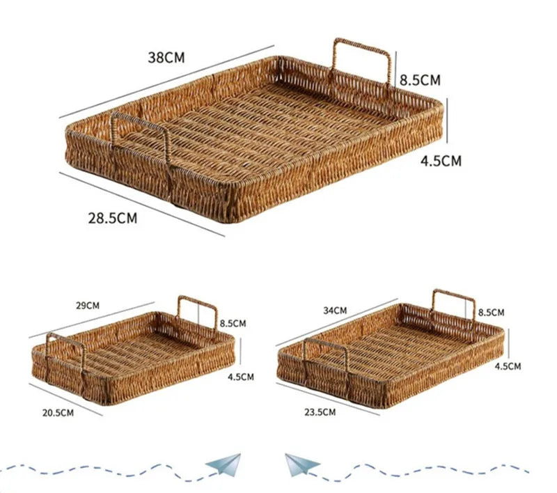 Plastic Storage Tray With Handle Imitation Rattan Weaving Basket Sundries Plate Fruit Platter Tea Tray Dinner Serving Tray