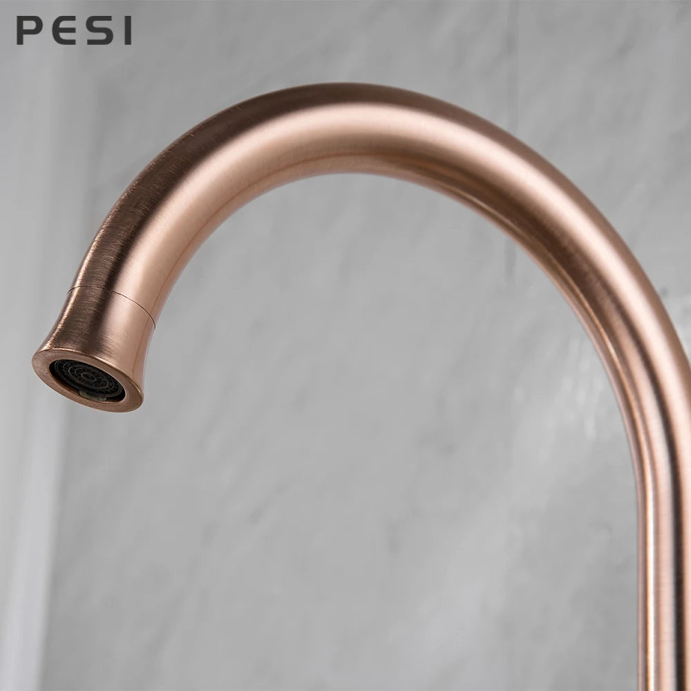 Brushed Rose Gold Kitchen Sink Water Tap Deck Mounted Mixer Stream Sprayer Head Hot Cold Taps 360 Rotation Spout Faucet.
