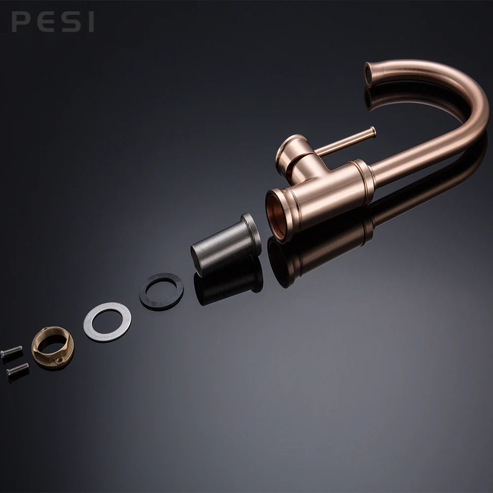 Brushed Rose Gold Kitchen Sink Water Tap Deck Mounted Mixer Stream Sprayer Head Hot Cold Taps 360 Rotation Spout Faucet.