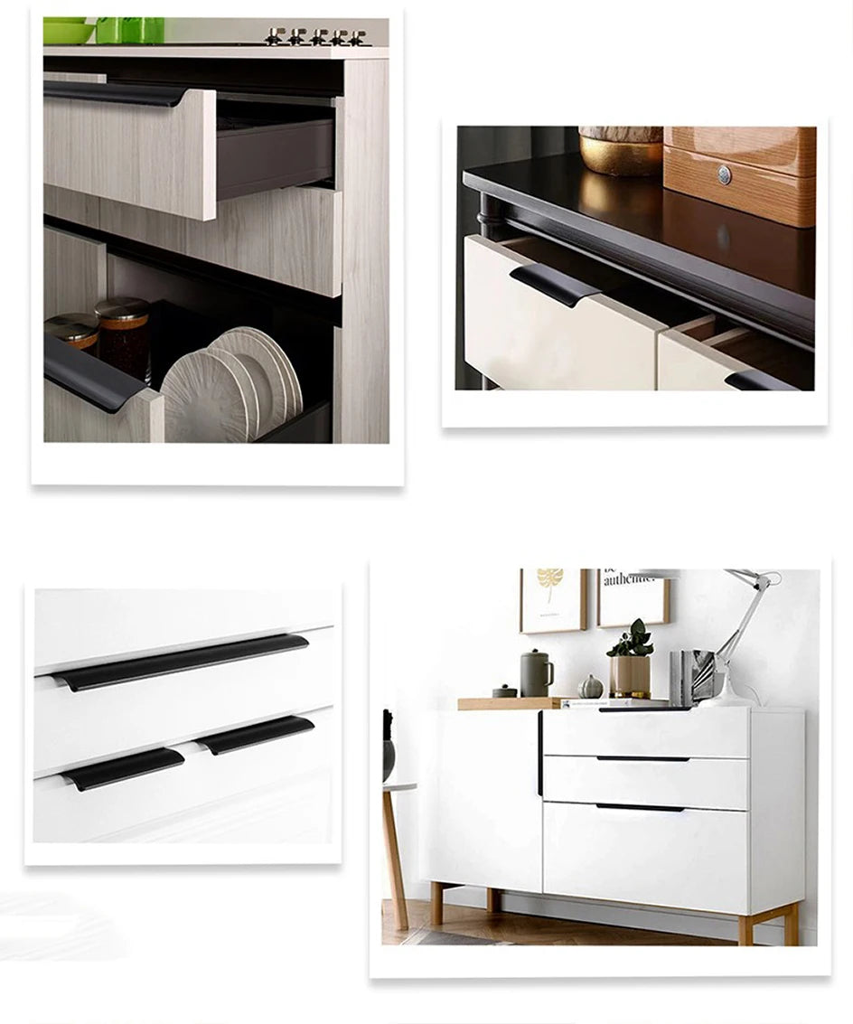 Hidden Furniture Drawer Handles Kitchen Cabinet Door Black Handle Aluminum Alloy Modern Style Finger Edge Wardrobe Pulls