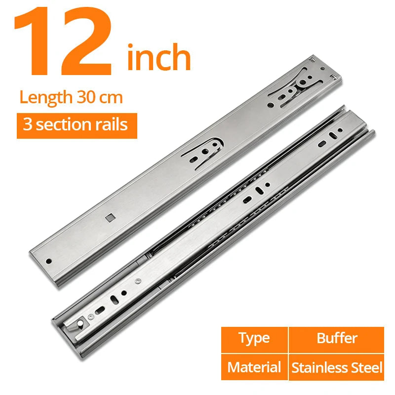 NAIERDI 10"-22" Stainless Steel Cabinet Slides Soft Close Three-Section Drawer Rails Drawer Slides Buffer Damper Rails Hardware