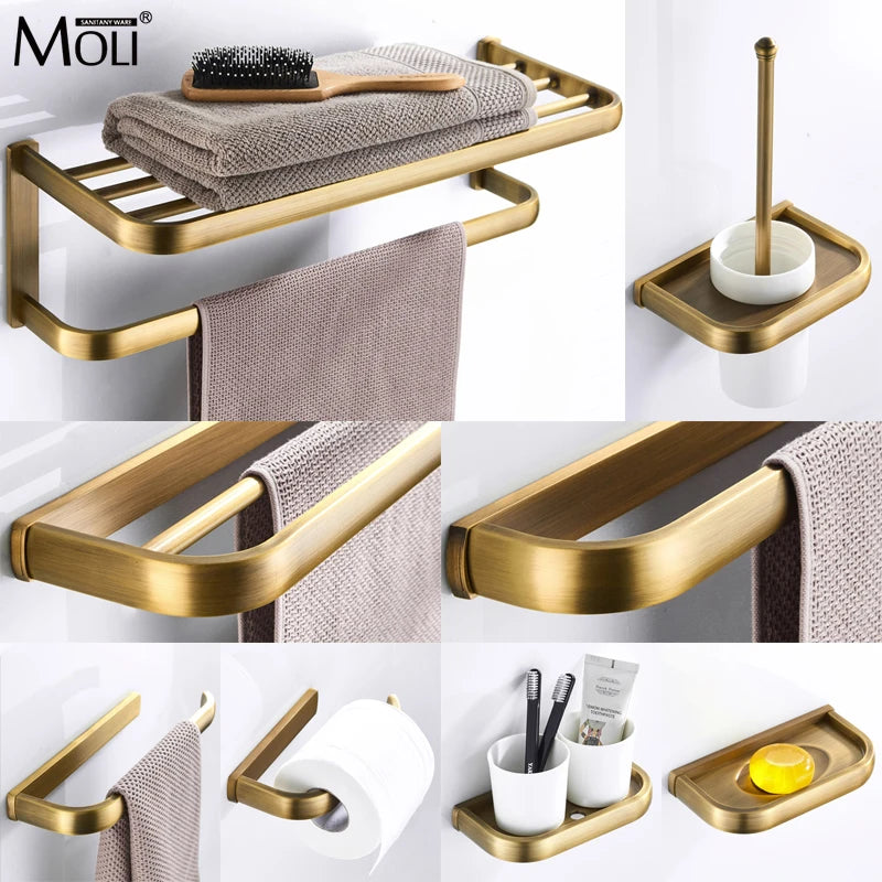 Soild brass antique bathroom accessories set towel bar shelf hook toilet paper rack brush holder mirror banheiro hardware