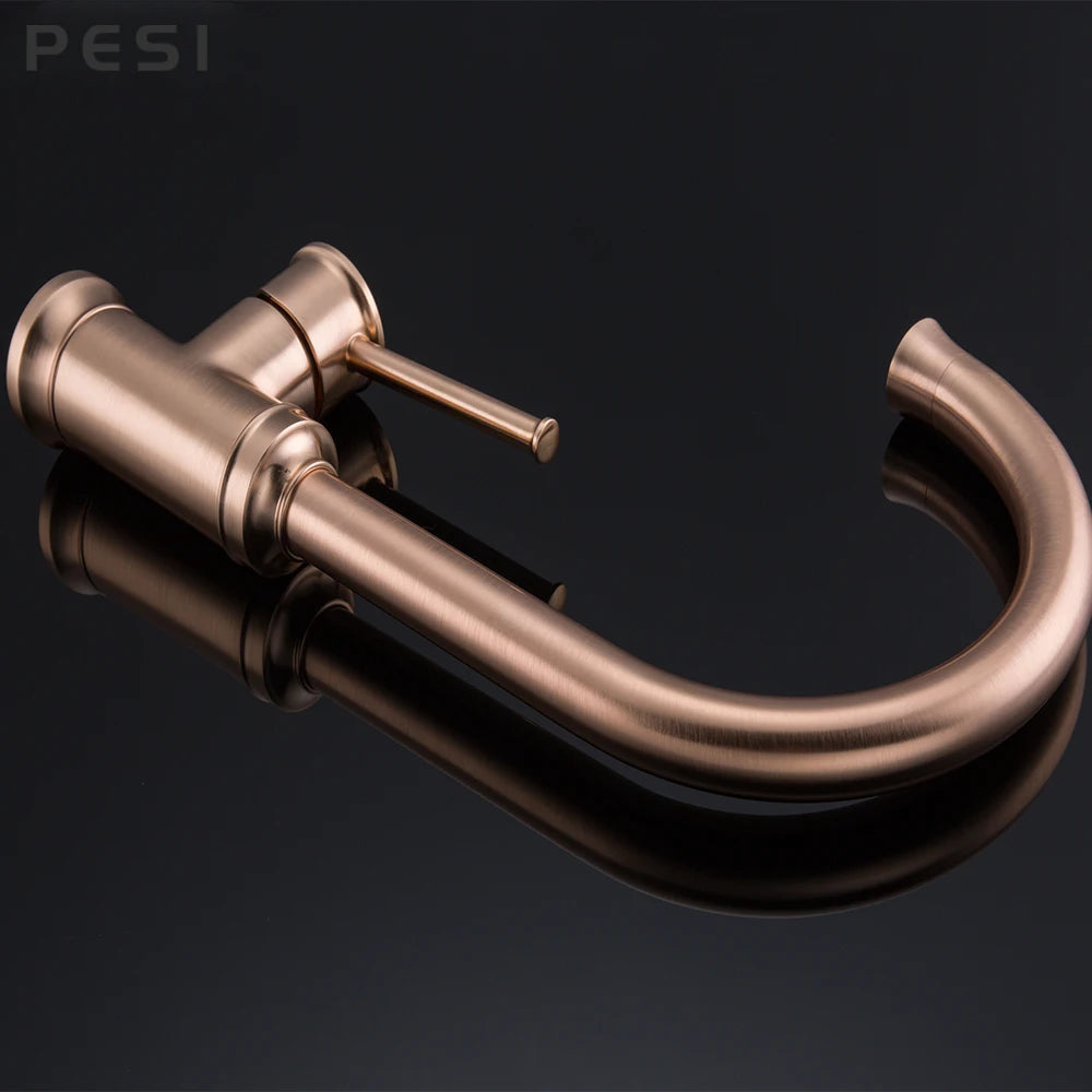 Brushed Rose Gold Kitchen Sink Water Tap Deck Mounted Mixer Stream Sprayer Head Hot Cold Taps 360 Rotation Spout Faucet.