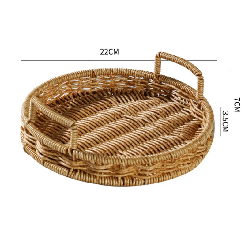 Plastic Storage Tray With Handle Imitation Rattan Weaving Basket Sundries Plate Fruit Platter Tea Tray Dinner Serving Tray
