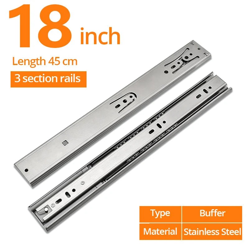 NAIERDI 10"-22" Stainless Steel Cabinet Slides Soft Close Three-Section Drawer Rails Drawer Slides Buffer Damper Rails Hardware