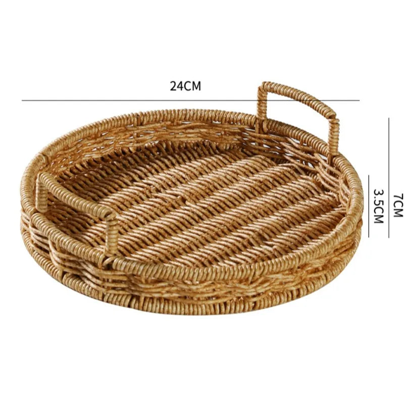 Plastic Storage Tray With Handle Imitation Rattan Weaving Basket Sundries Plate Fruit Platter Tea Tray Dinner Serving Tray