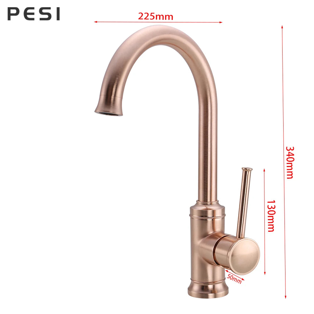 Brushed Rose Gold Kitchen Sink Water Tap Deck Mounted Mixer Stream Sprayer Head Hot Cold Taps 360 Rotation Spout Faucet.