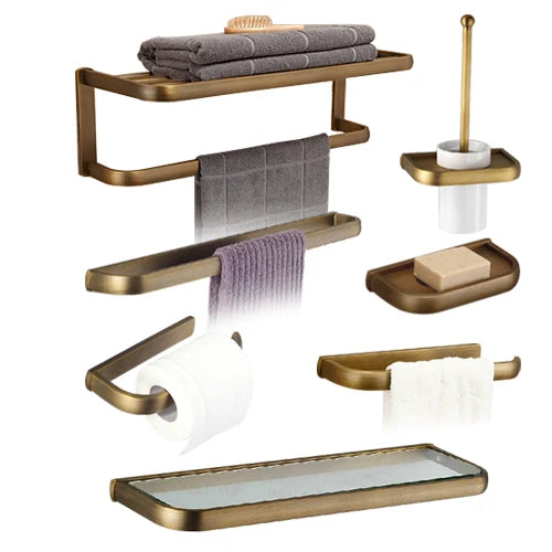 Soild brass antique bathroom accessories set towel bar shelf hook toilet paper rack brush holder mirror banheiro hardware