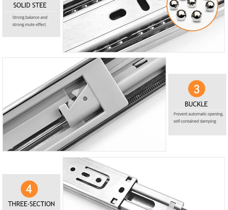 NAIERDI 10"-22" Stainless Steel Cabinet Slides Soft Close Three-Section Drawer Rails Drawer Slides Buffer Damper Rails Hardware