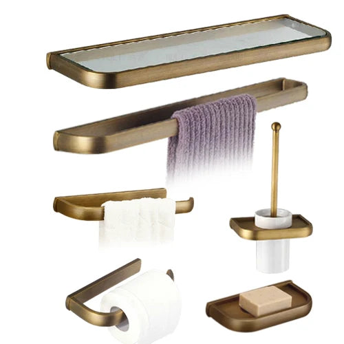 Soild brass antique bathroom accessories set towel bar shelf hook toilet paper rack brush holder mirror banheiro hardware