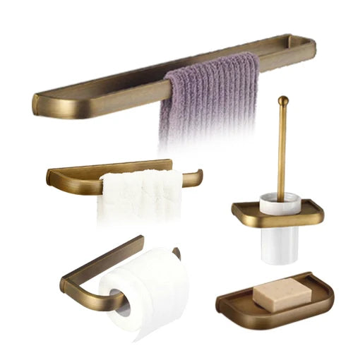 Soild brass antique bathroom accessories set towel bar shelf hook toilet paper rack brush holder mirror banheiro hardware