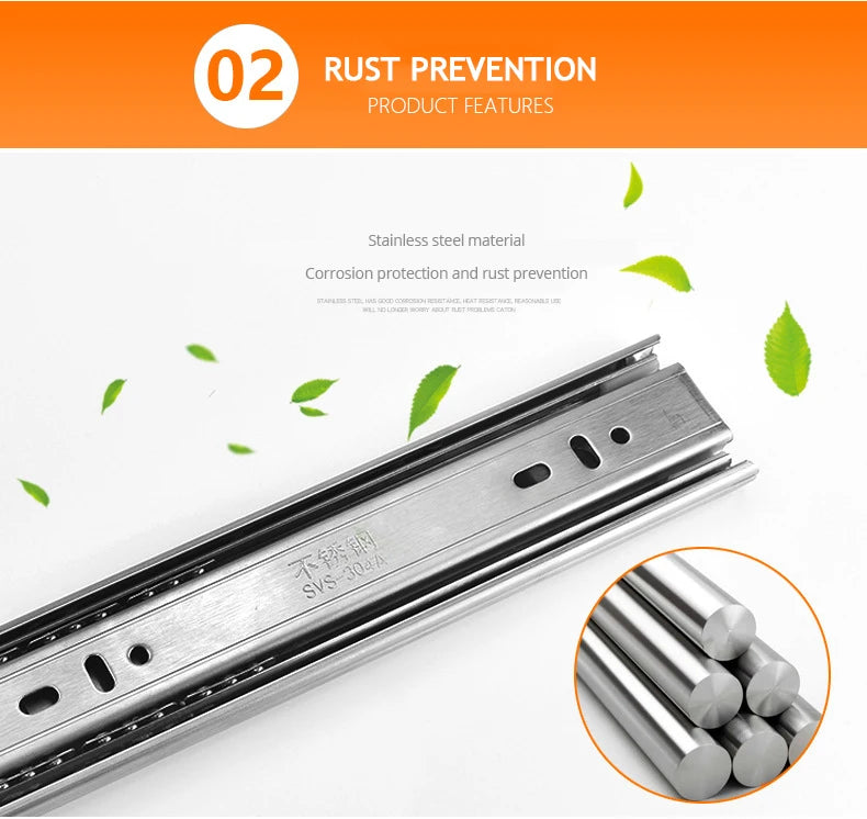 NAIERDI 10"-22" Stainless Steel Cabinet Slides Soft Close Three-Section Drawer Rails Drawer Slides Buffer Damper Rails Hardware