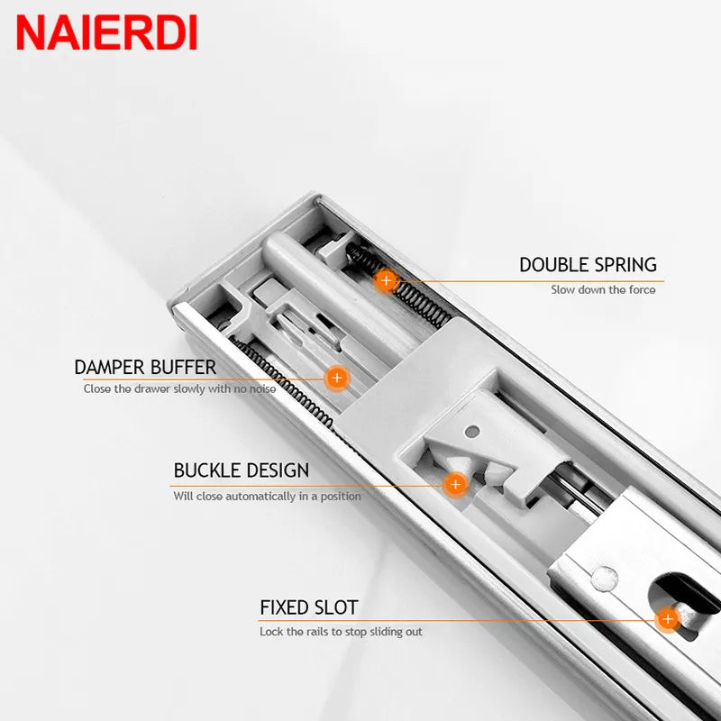 NAIERDI 10"-22" Stainless Steel Cabinet Slides Soft Close Three-Section Drawer Rails Drawer Slides Buffer Damper Rails Hardware