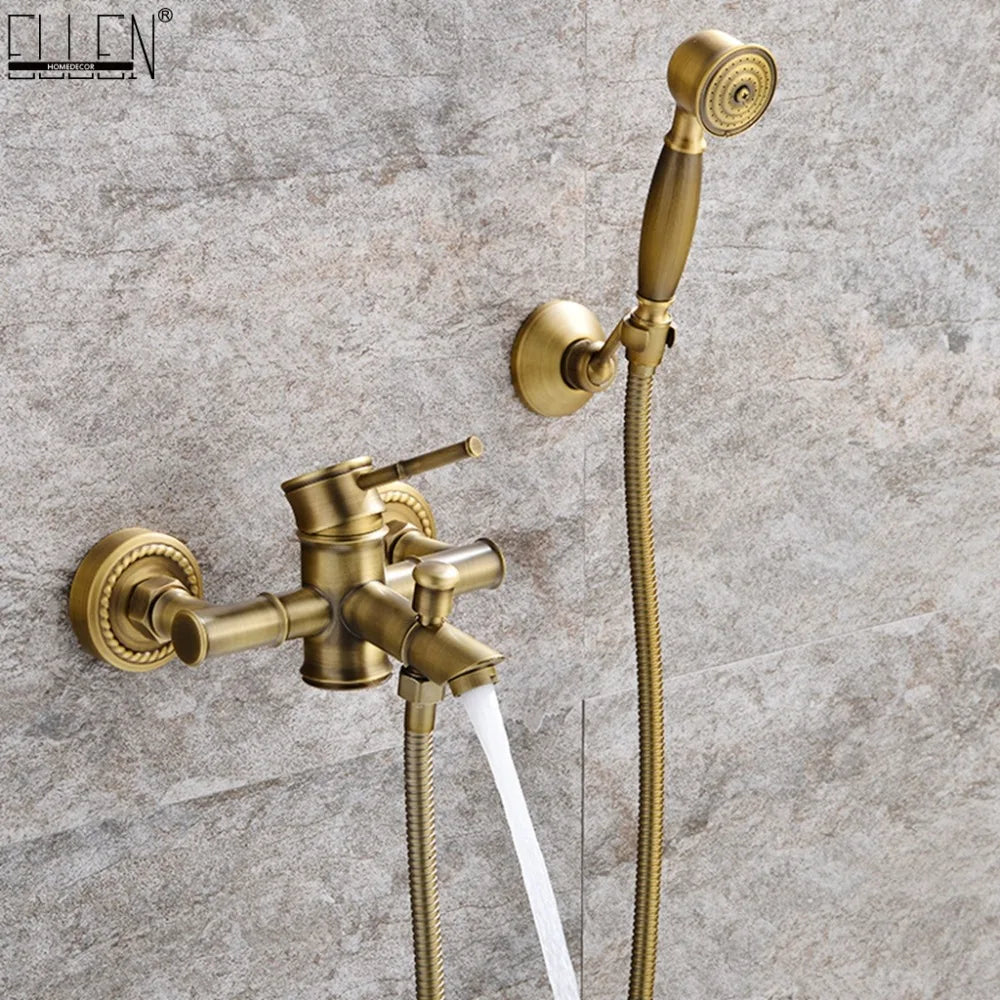 Bathroom Bamboo Bath Shower Faucets Set Bathtub Faucet Water Mixer Crane Tap Antique Bronze Finished with Hand Shower EL740