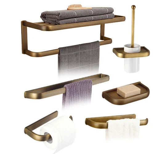 Soild brass antique bathroom accessories set towel bar shelf hook toilet paper rack brush holder mirror banheiro hardware